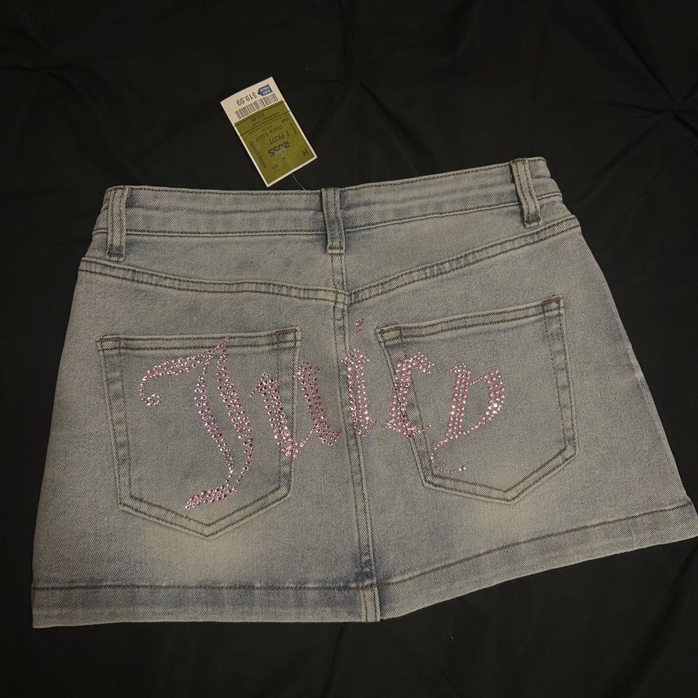 Juicy Couture Denim Mini Skirt with Pink Rhinestone lettering